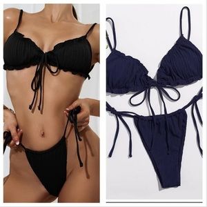 Solid Bikini Set Swimwear Two Piece Sexy Bandage, Black, Size Small